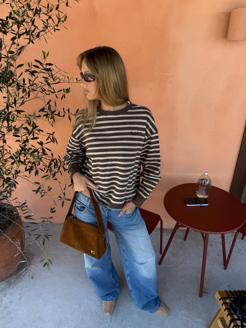 RAEF The Label Frankie Crew Neck Fleece - Dark Truffle / Stripe in Single