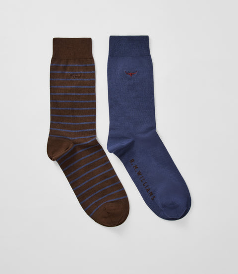 R.M.Williams Nelson stripe sock 2-pack in Brown blue