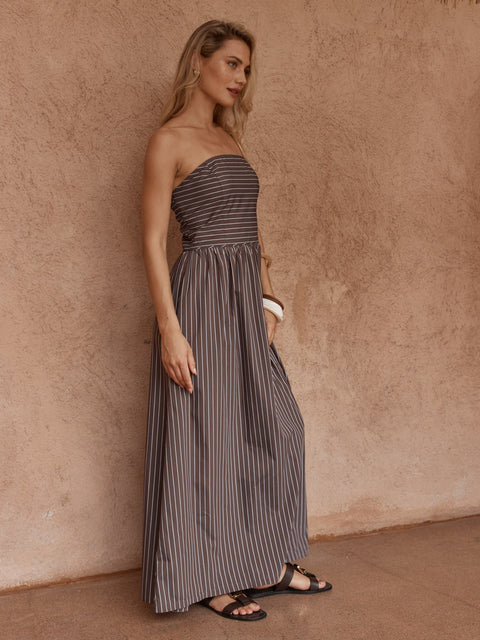 Sass Clothing EVERLEY STRAPLESS DRESS in CHOC STRIPE