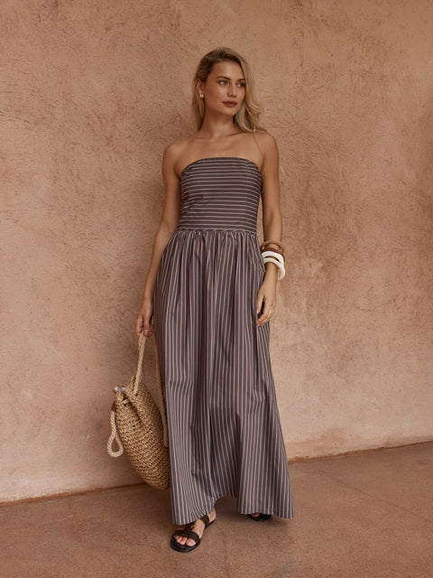 Sass Clothing EVERLEY STRAPLESS DRESS in CHOC STRIPE