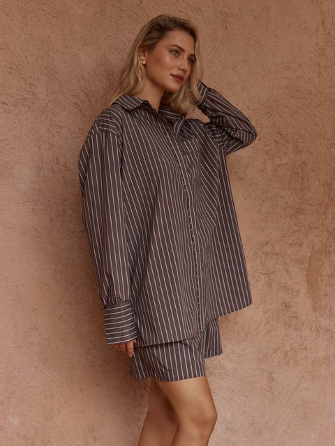 Sass Clothing MARTY PIPED STRIPE SHIRT in CHOC STRIPE