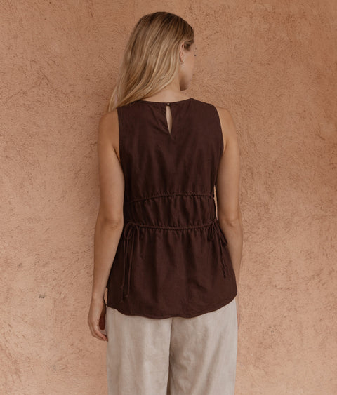 Sass Clothing ELIN GATHERED TIE TOP in CHOCOLATE
