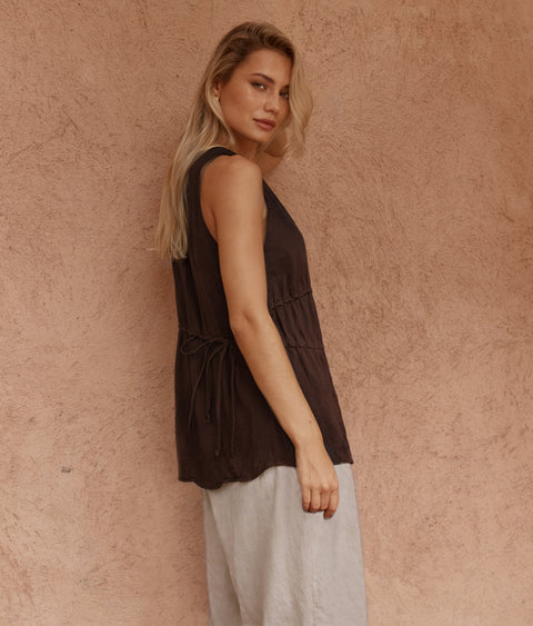 Sass Clothing ELIN GATHERED TIE TOP in CHOCOLATE