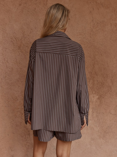 Sass Clothing MARTY PIPED STRIPE SHIRT in CHOC STRIPE