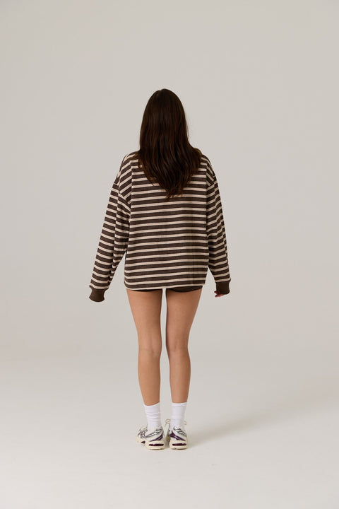 RAEF The Label Frankie Crew Neck Fleece - Dark Truffle / Stripe in Single